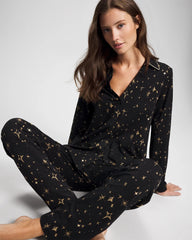 STELLAR SCENE BLACK/FOIL - Long-Sleeve Notch Collar Pajama Top | Soma