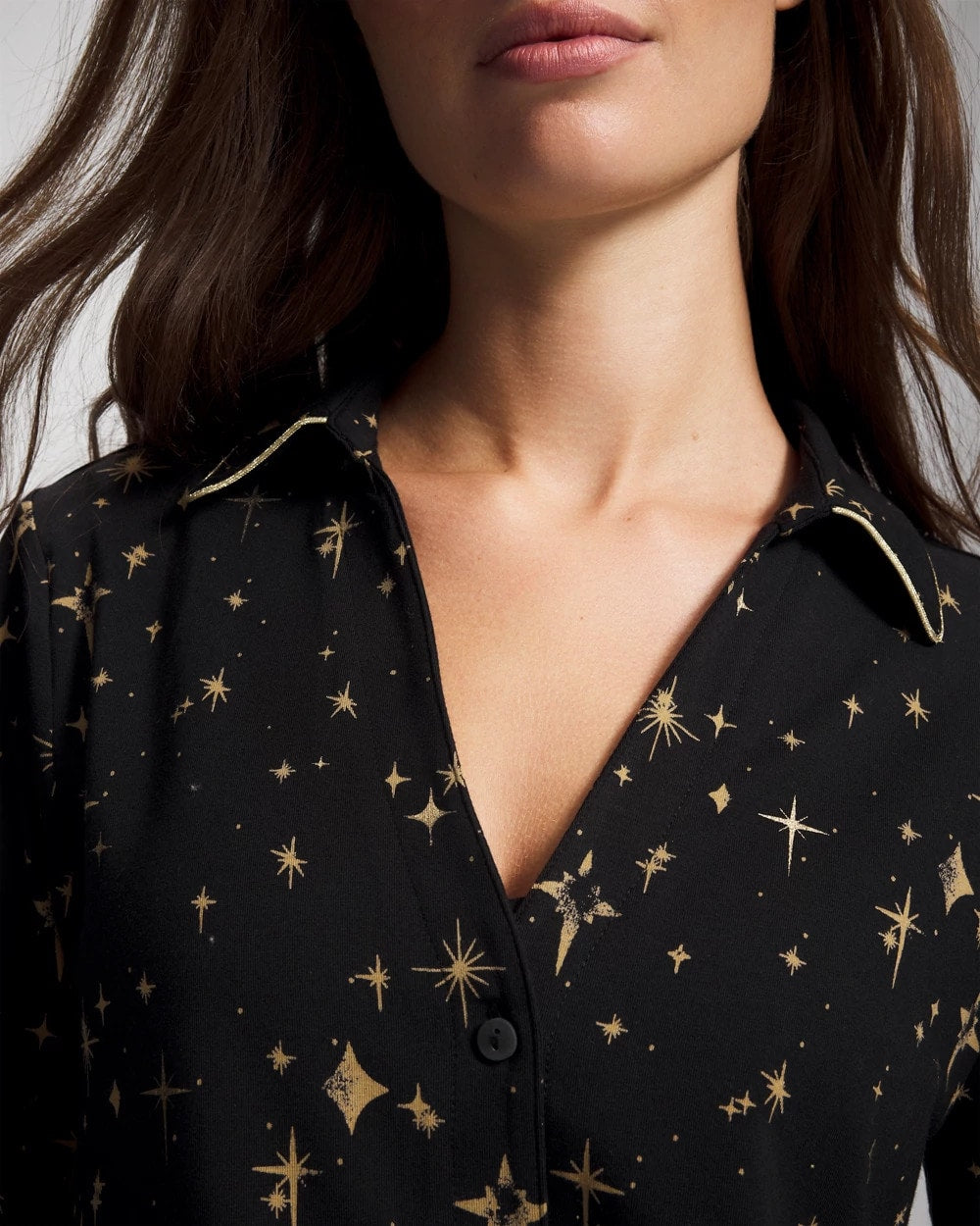 STELLAR SCENE BLACK/FOIL - Long-Sleeve Notch Collar Pajama Top | Soma