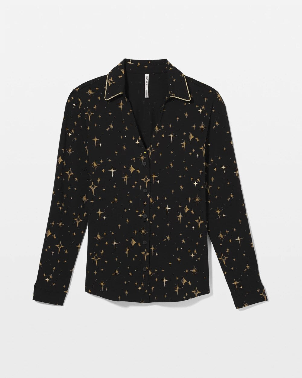 STELLAR SCENE BLACK/FOIL - Long-Sleeve Notch Collar Pajama Top | Soma