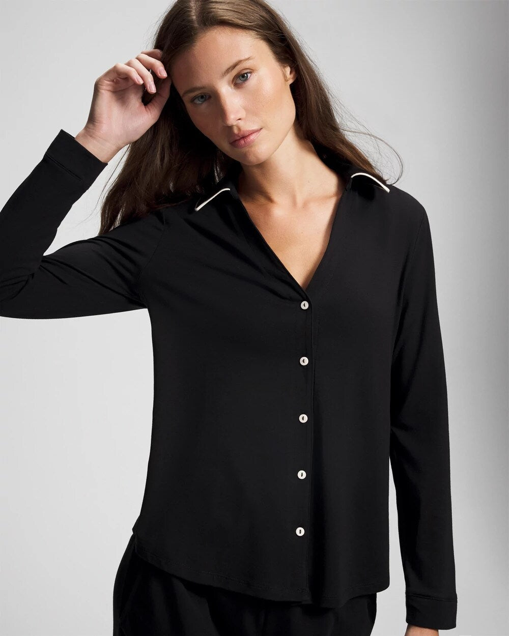 BLACK - Long-Sleeve Notch Collar Pajama Top | Soma