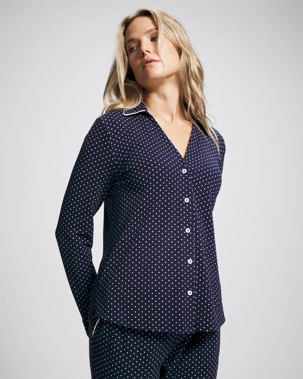 METRO DOT NAVY - Long-Sleeve Notch Collar Pajama Top | Soma