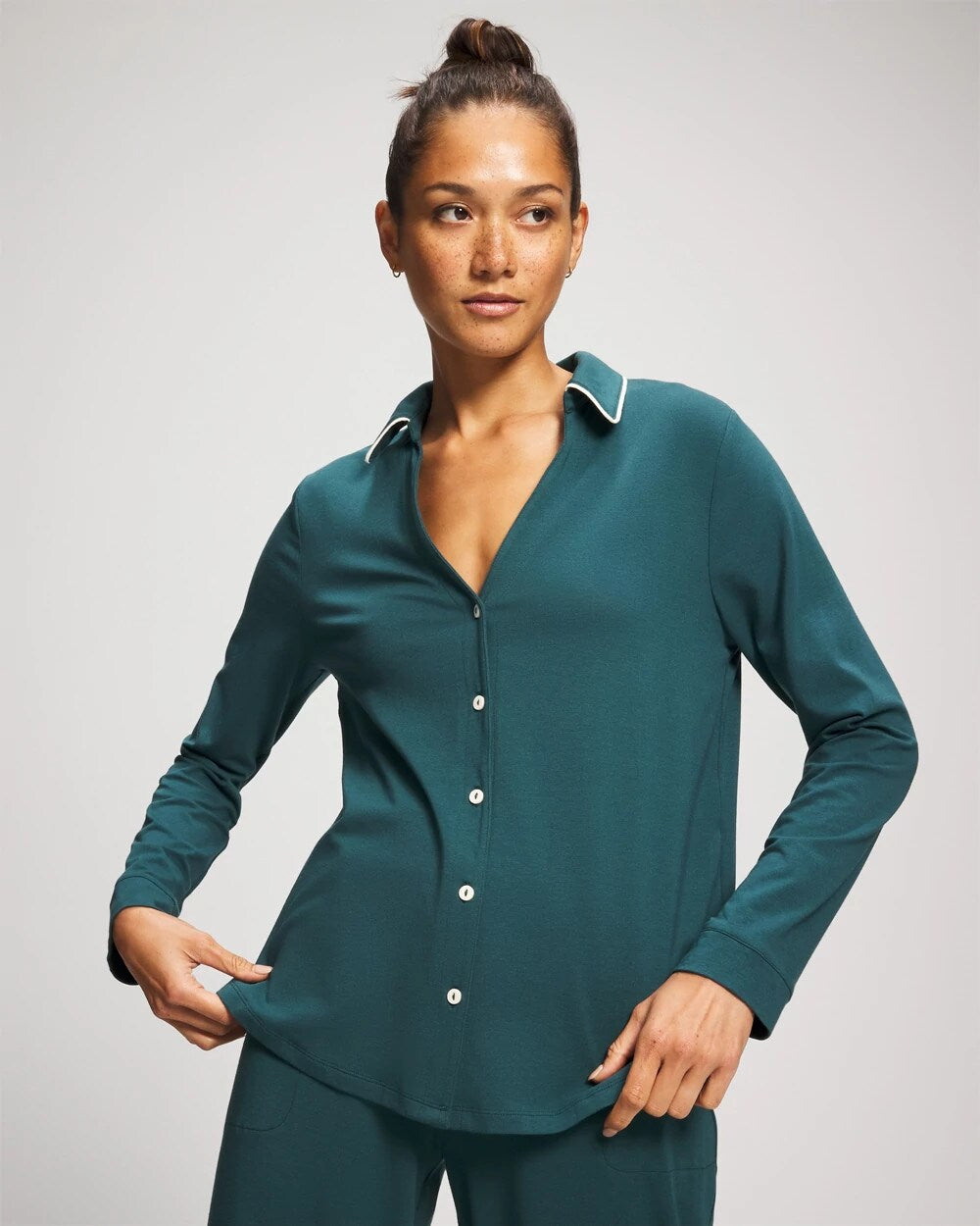 DEEP TEAL - Long-Sleeve Notch Collar Pajama Top | Soma