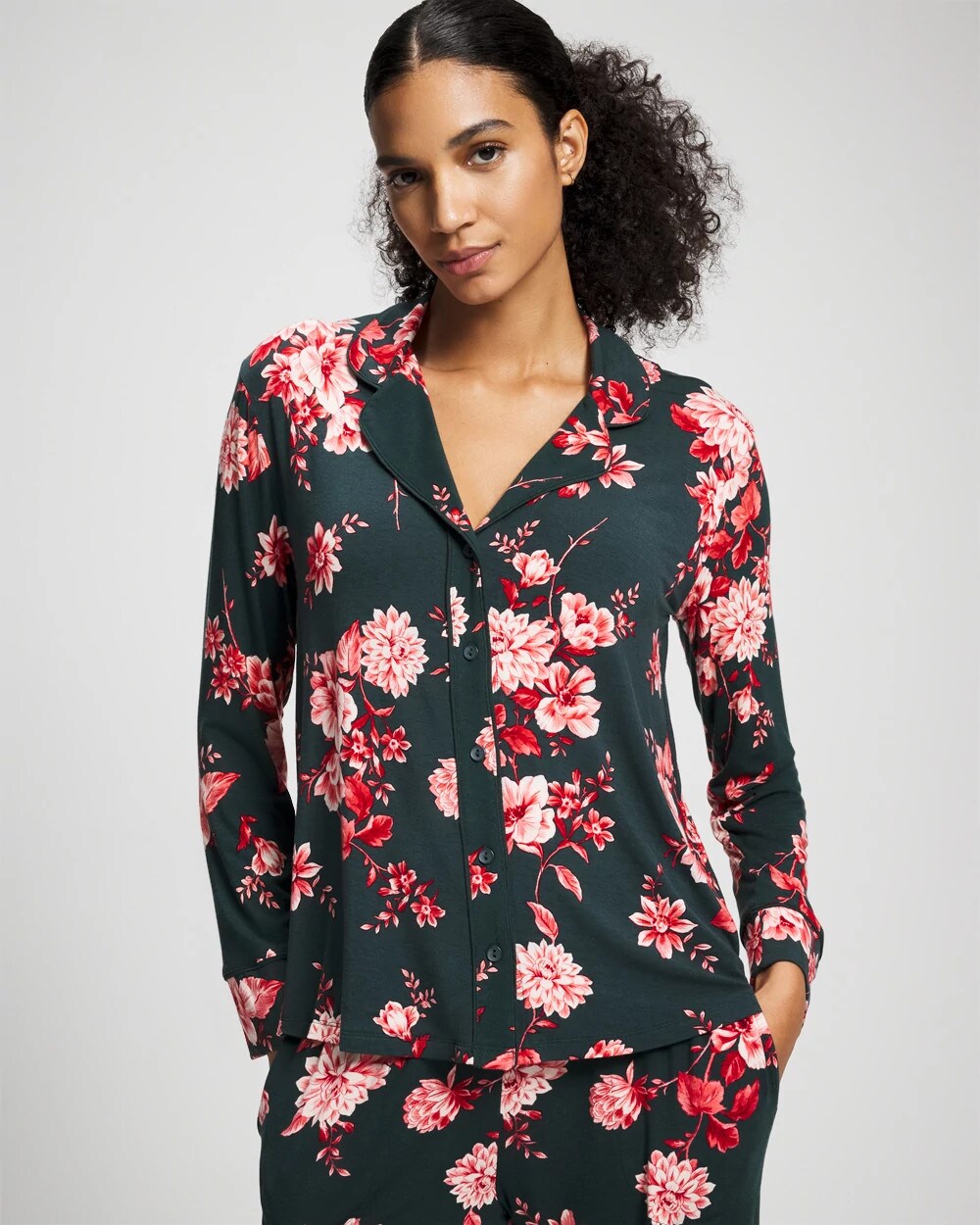 COTTAGE FLORAL GREEN - Cool Nights Long Sleeve Notch Collar with Piped Placket Pajama Top | Soma