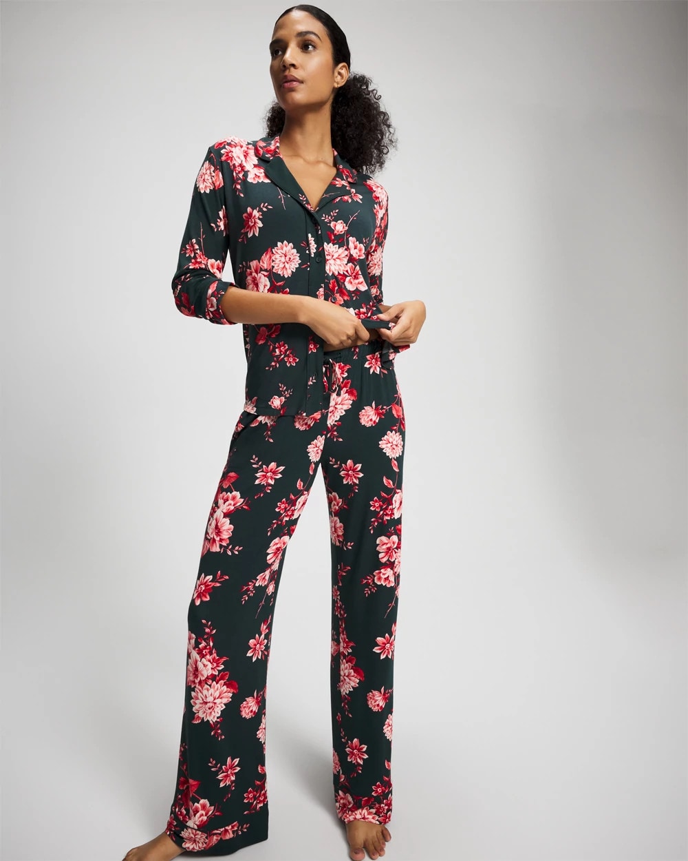 COTTAGE FLORAL GREEN - Cool Nights Long Sleeve Notch Collar with Piped Placket Pajama Top | Soma