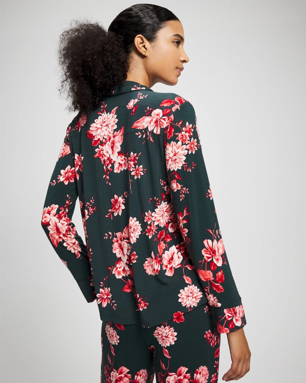 COTTAGE FLORAL GREEN - Cool Nights Long Sleeve Notch Collar with Piped Placket Pajama Top | Soma
