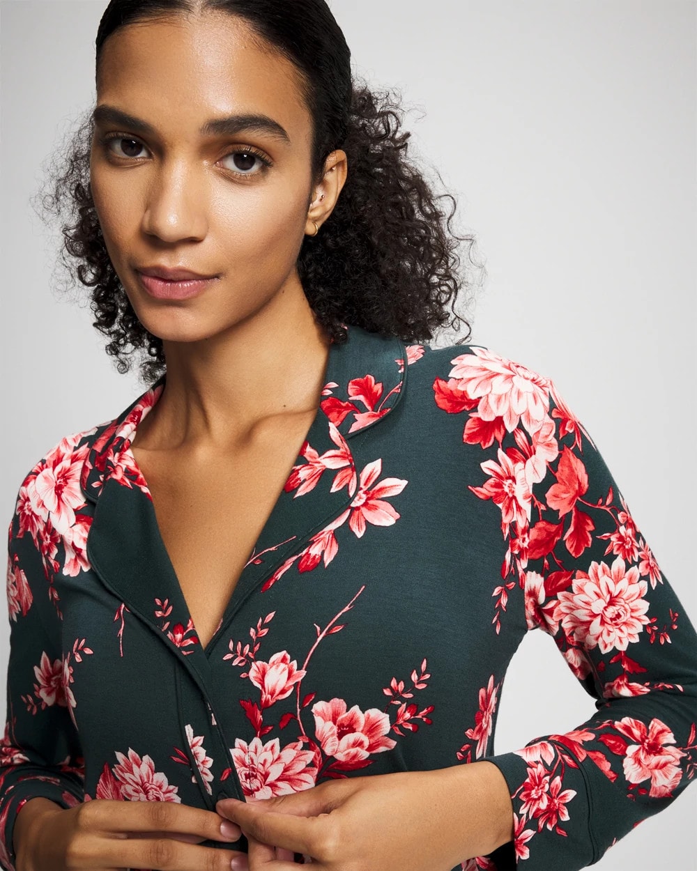 COTTAGE FLORAL GREEN - Cool Nights Long Sleeve Notch Collar with Piped Placket Pajama Top | Soma