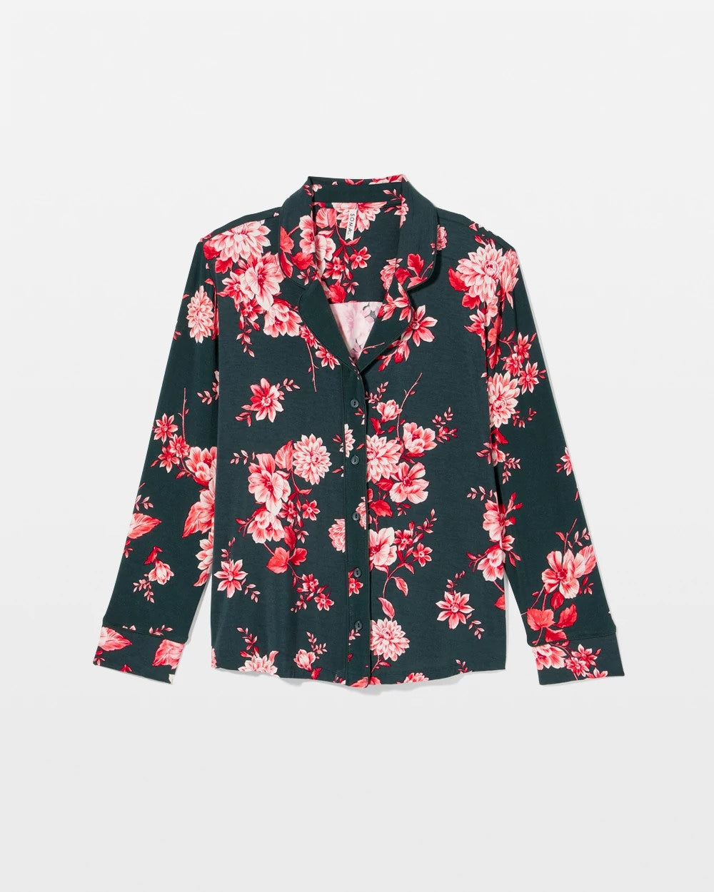 COTTAGE FLORAL GREEN - Cool Nights Long Sleeve Notch Collar with Piped Placket Pajama Top | Soma