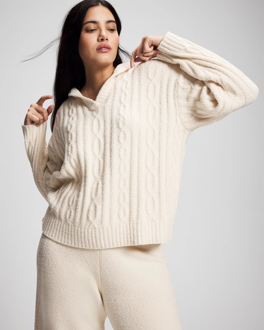 PARCHMENT - Cable Knit Plush Hoodie | Soma