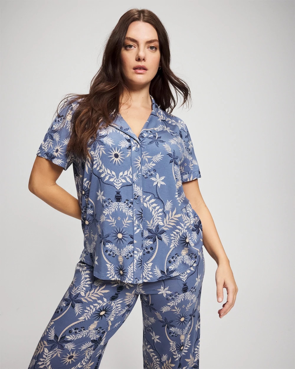 BOTANICAL TILE SUNDOWN - Short Sleeve Notch Collar Pajama Top | Soma
