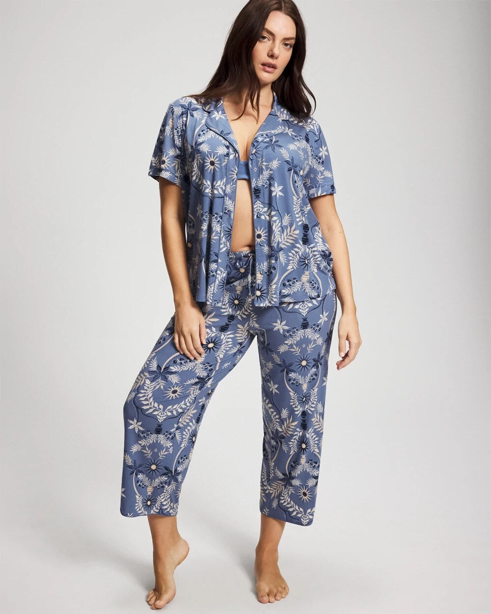 BOTANICAL TILE SUNDOWN - Short Sleeve Notch Collar Pajama Top | Soma