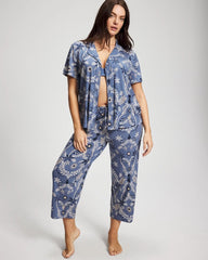 BOTANICAL TILE SUNDOWN - Short Sleeve Notch Collar Pajama Top | Soma