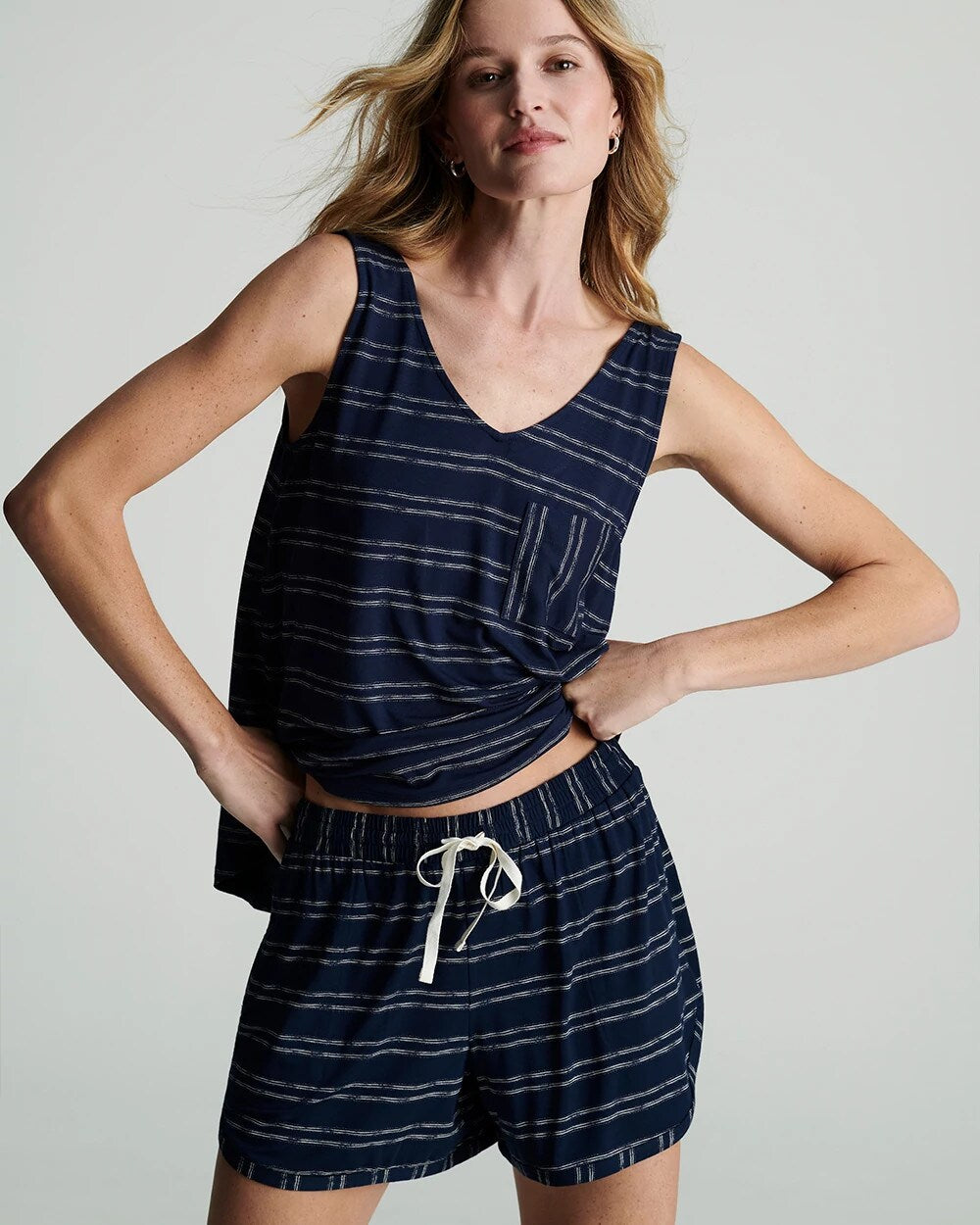 BOHO STRIPE NAVY - Curved Hem Pajama Shorts | Soma