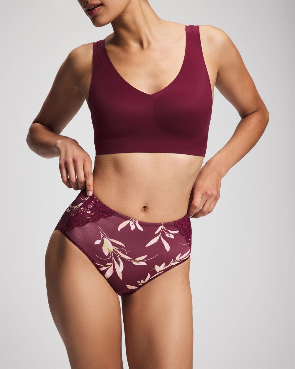 LUXURIOUS LEAVES M PLUM - Tummy Modern Brief Panty with Lace | Soma