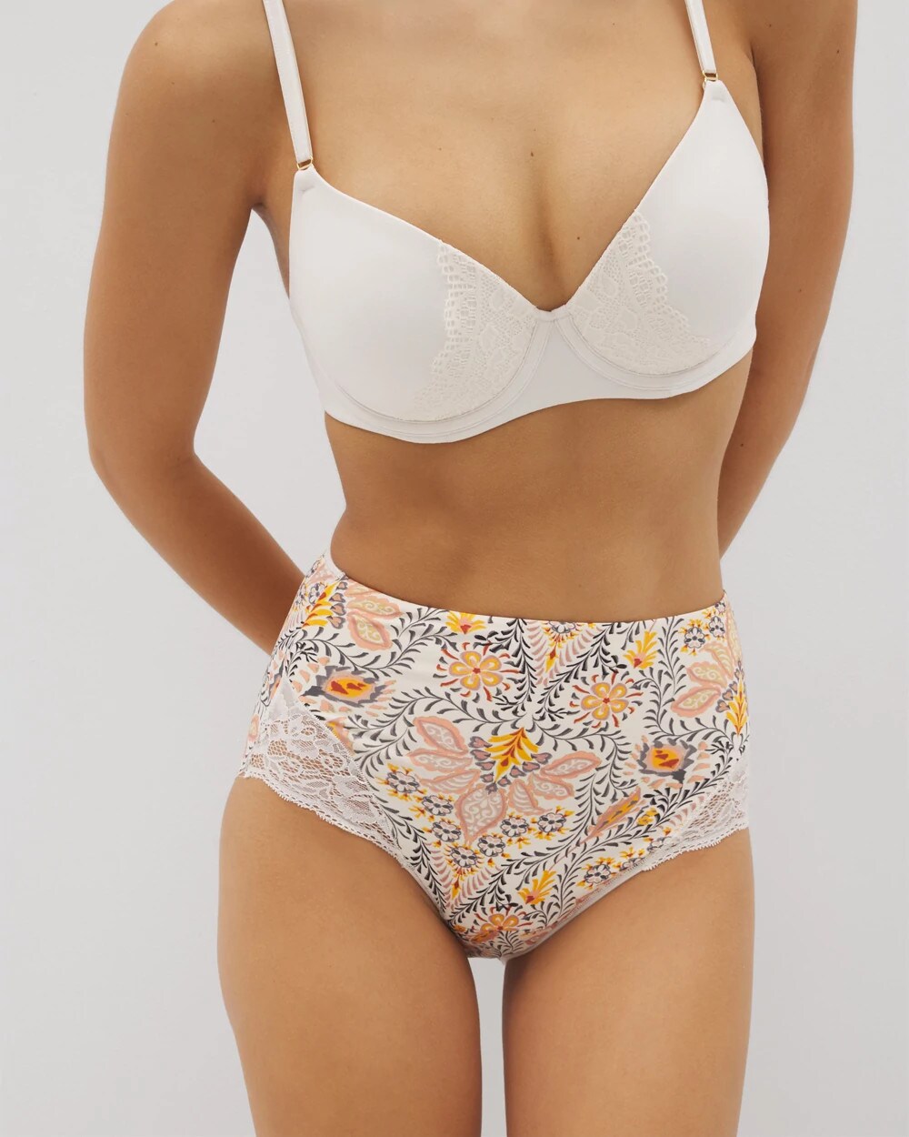 VINE PAISLEY CHAMPAGNE M - Tummy High-Waist Brief Panty with Lace | Soma