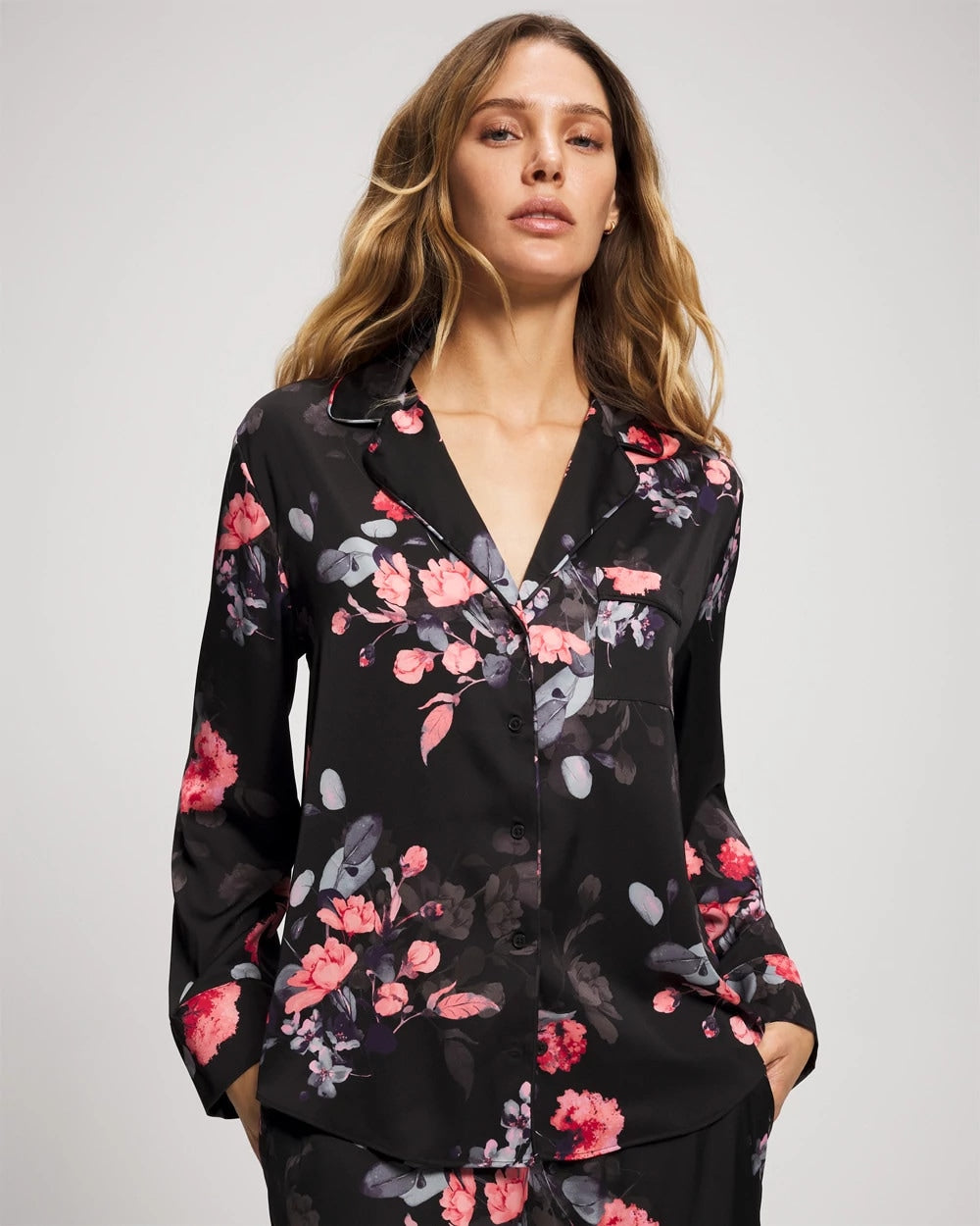 FLORAL DREAMS GRAND BLACK - Long Sleeve Notch Collar Pajama Top | Soma