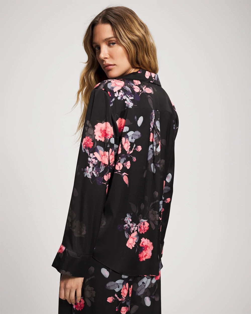 FLORAL DREAMS GRAND BLACK - Long Sleeve Notch Collar Pajama Top | Soma