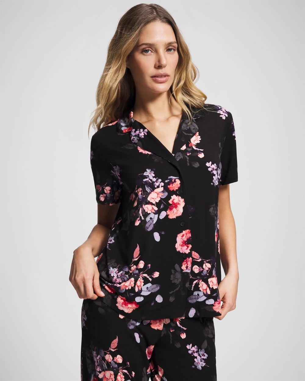 FLORAL DREAMS BLACK - Short Sleeve Notch Collar Pajama Top | Soma