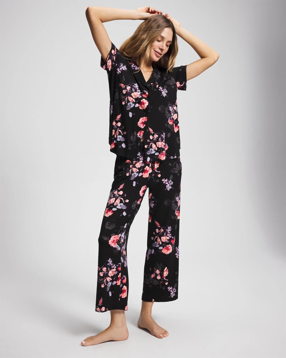 FLORAL DREAMS BLACK - Short Sleeve Notch Collar Pajama Top | Soma