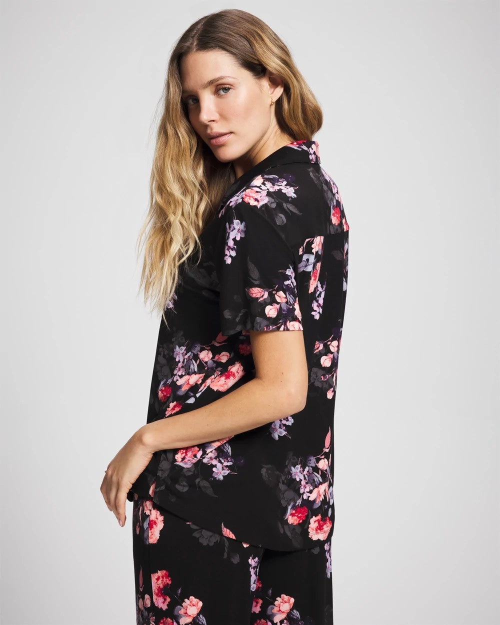 FLORAL DREAMS BLACK - Short Sleeve Notch Collar Pajama Top | Soma