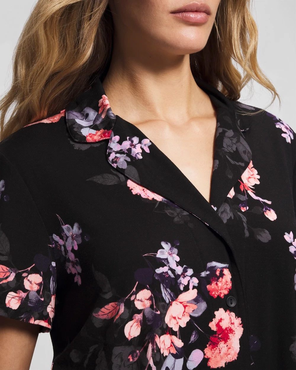 FLORAL DREAMS BLACK - Short Sleeve Notch Collar Pajama Top | Soma