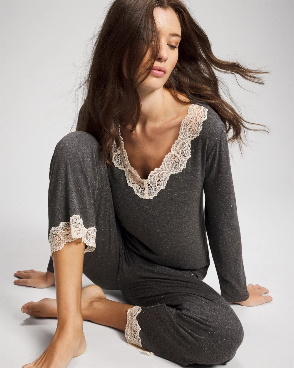 CHARCOAL HEATHER W/ SHINE - Lace Trim Long Sleeve Pajama Top | Soma