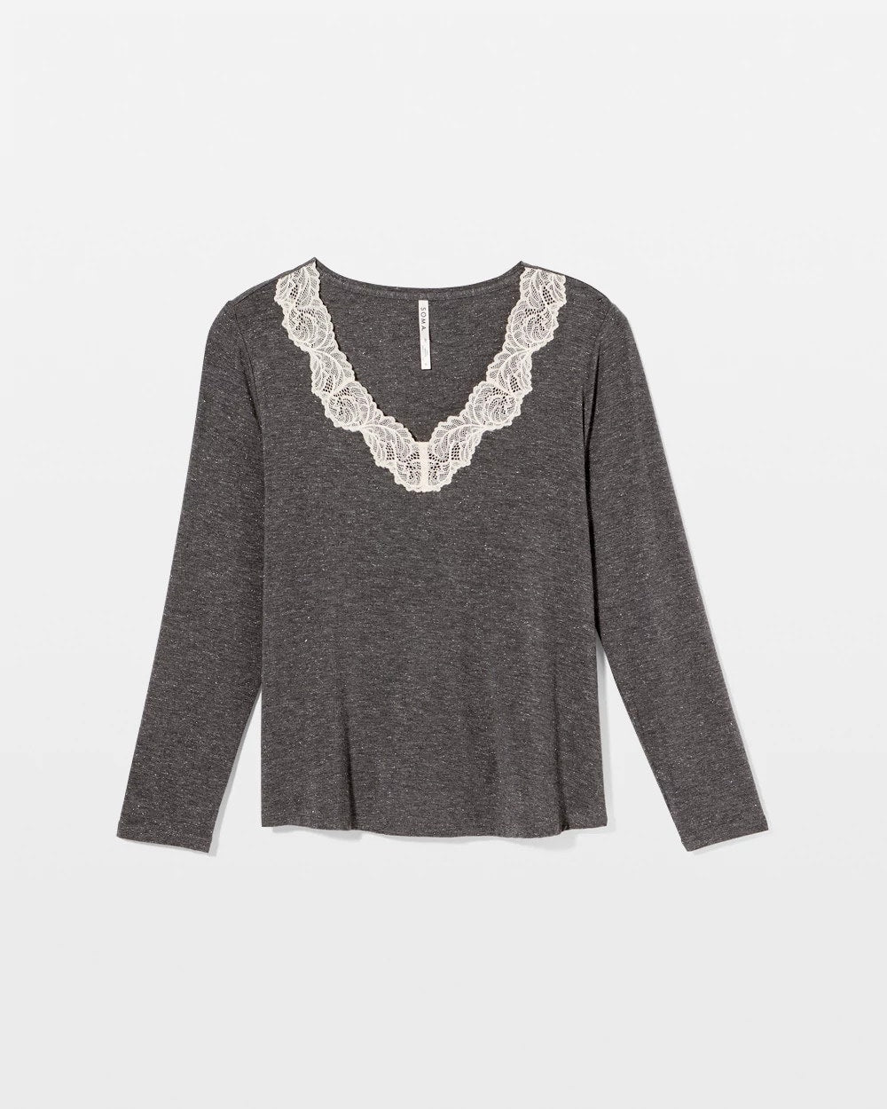 CHARCOAL HEATHER W/ SHINE - Lace Trim Long Sleeve Pajama Top | Soma