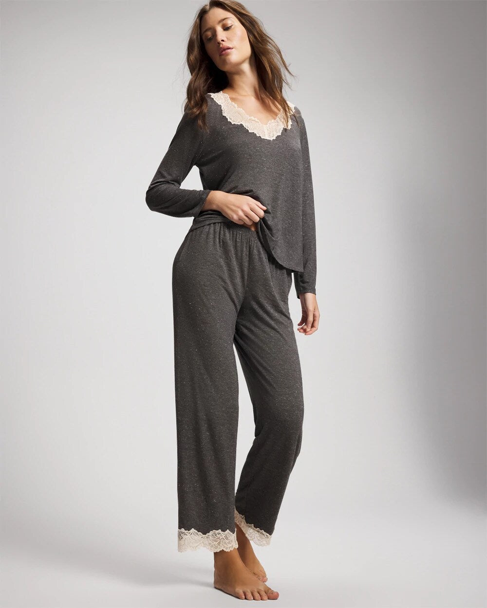 CHARCOAL HEATHER W/ SHINE - Lace Trim Pajama Pant | Soma