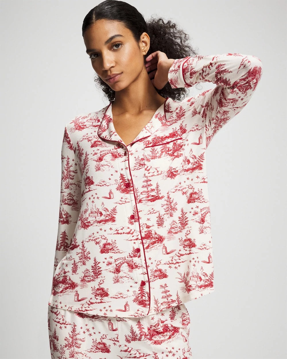 ENCHANTED TOILE CHAMPAGNE - Piped Long-Sleeve Notch Pajama Top | Soma