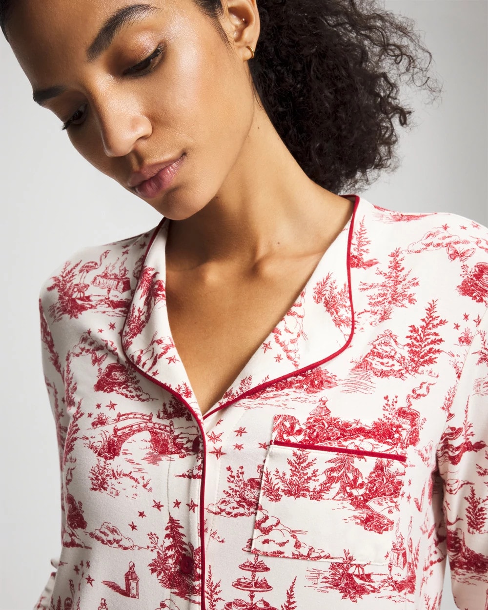ENCHANTED TOILE CHAMPAGNE - Piped Long-Sleeve Notch Pajama Top | Soma