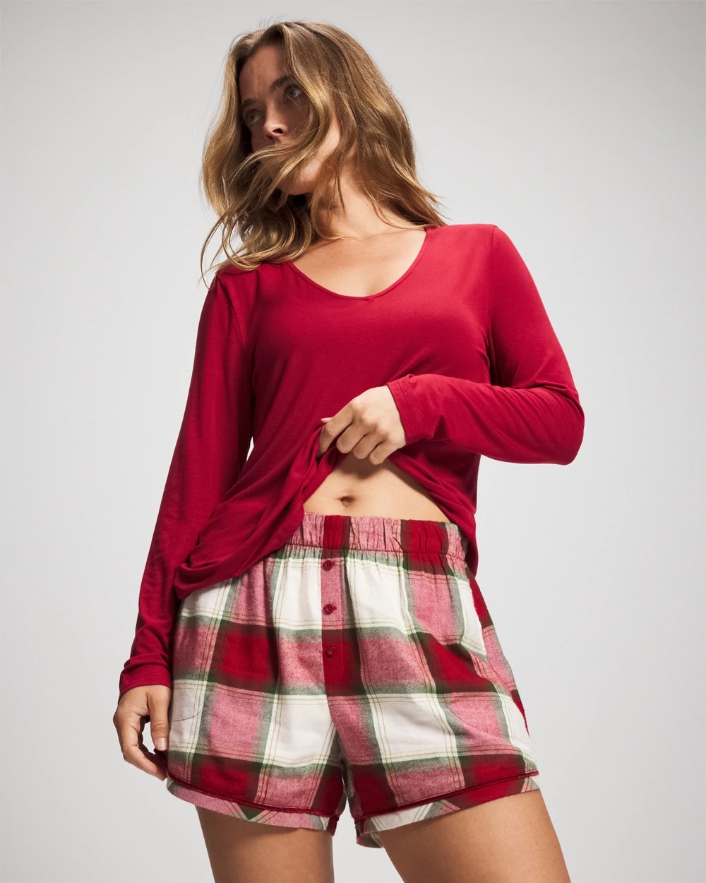WINTER PLAID RED - Velvet Piped Boxer Pajama Short | Soma