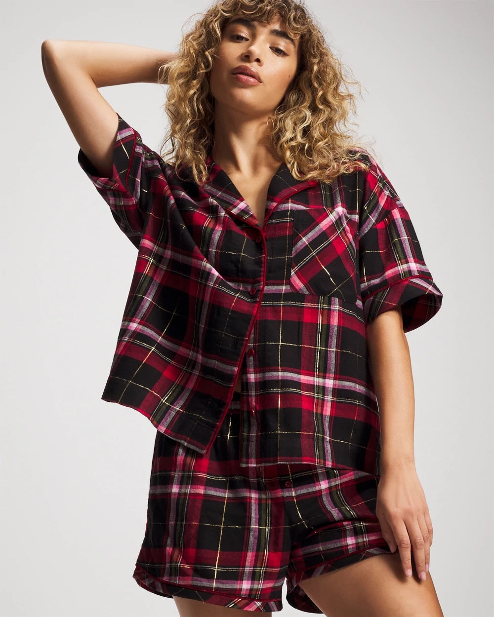 MAD FOR PLAID BLACK - Short Sleeve Notch Collar Pajama Top | Soma