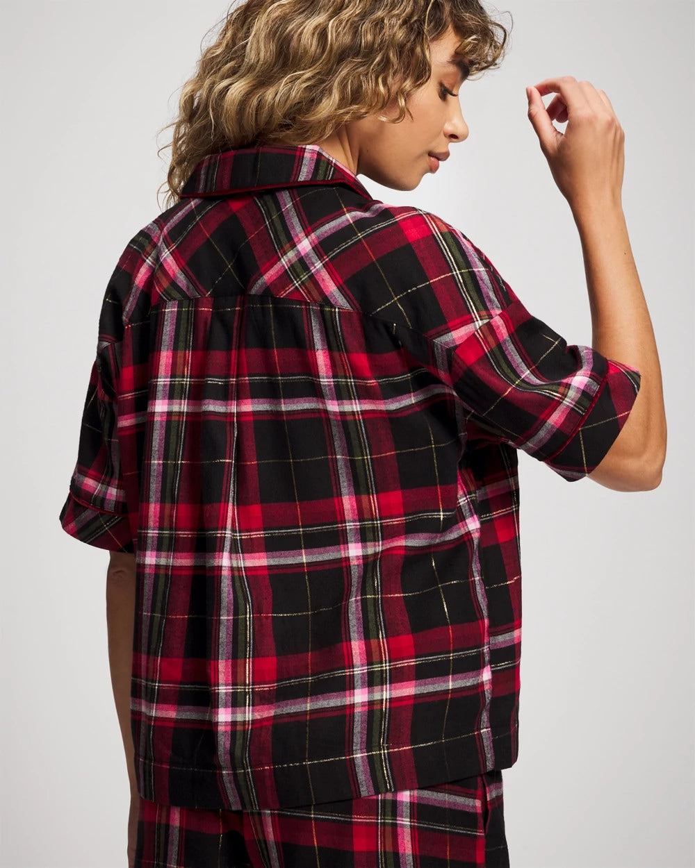 MAD FOR PLAID BLACK - Short Sleeve Notch Collar Pajama Top | Soma
