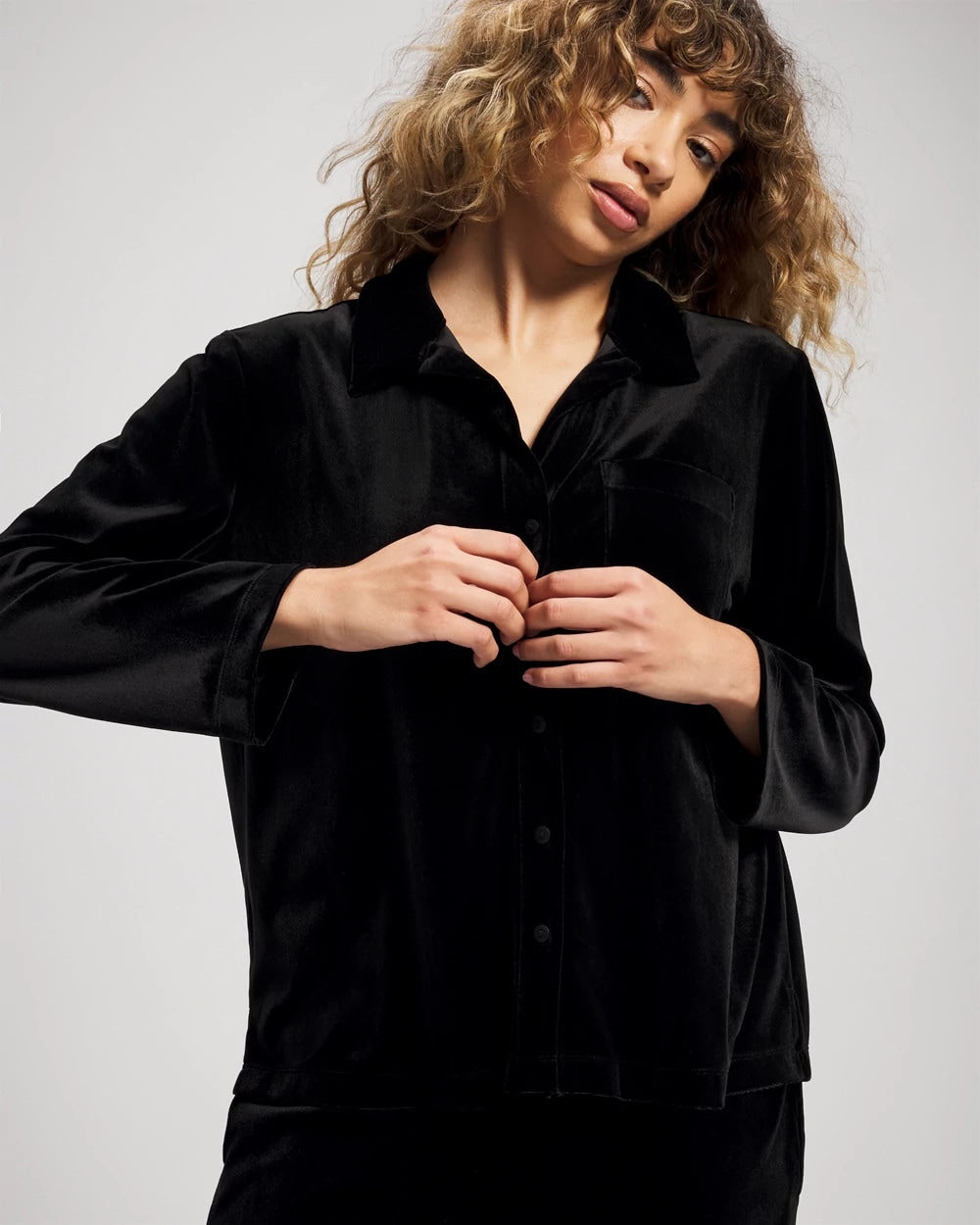 BLACK - Velvet Long Sleeve Notch Collar Pajama Top | Soma