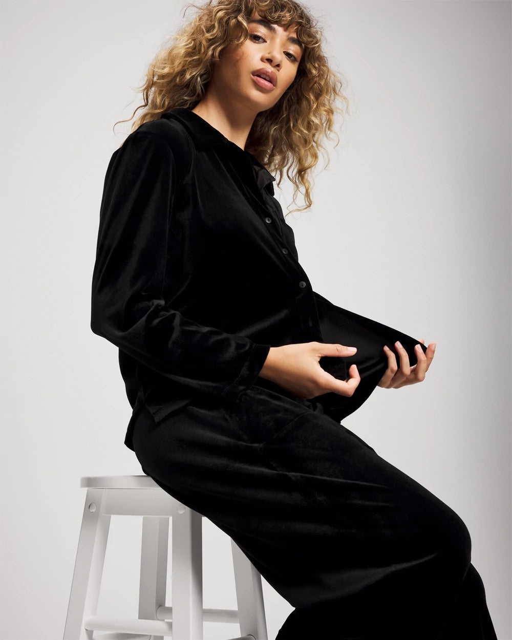 BLACK - Velvet Long Sleeve Notch Collar Pajama Top | Soma