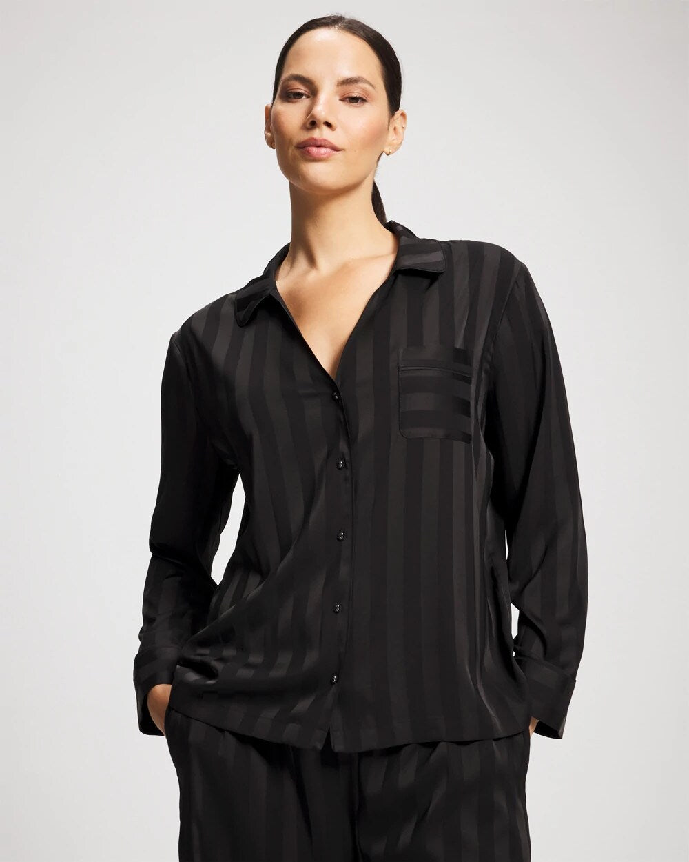 BLACK - Shadow Stripe Long Sleeve Pajama Notch Collar Top | Soma