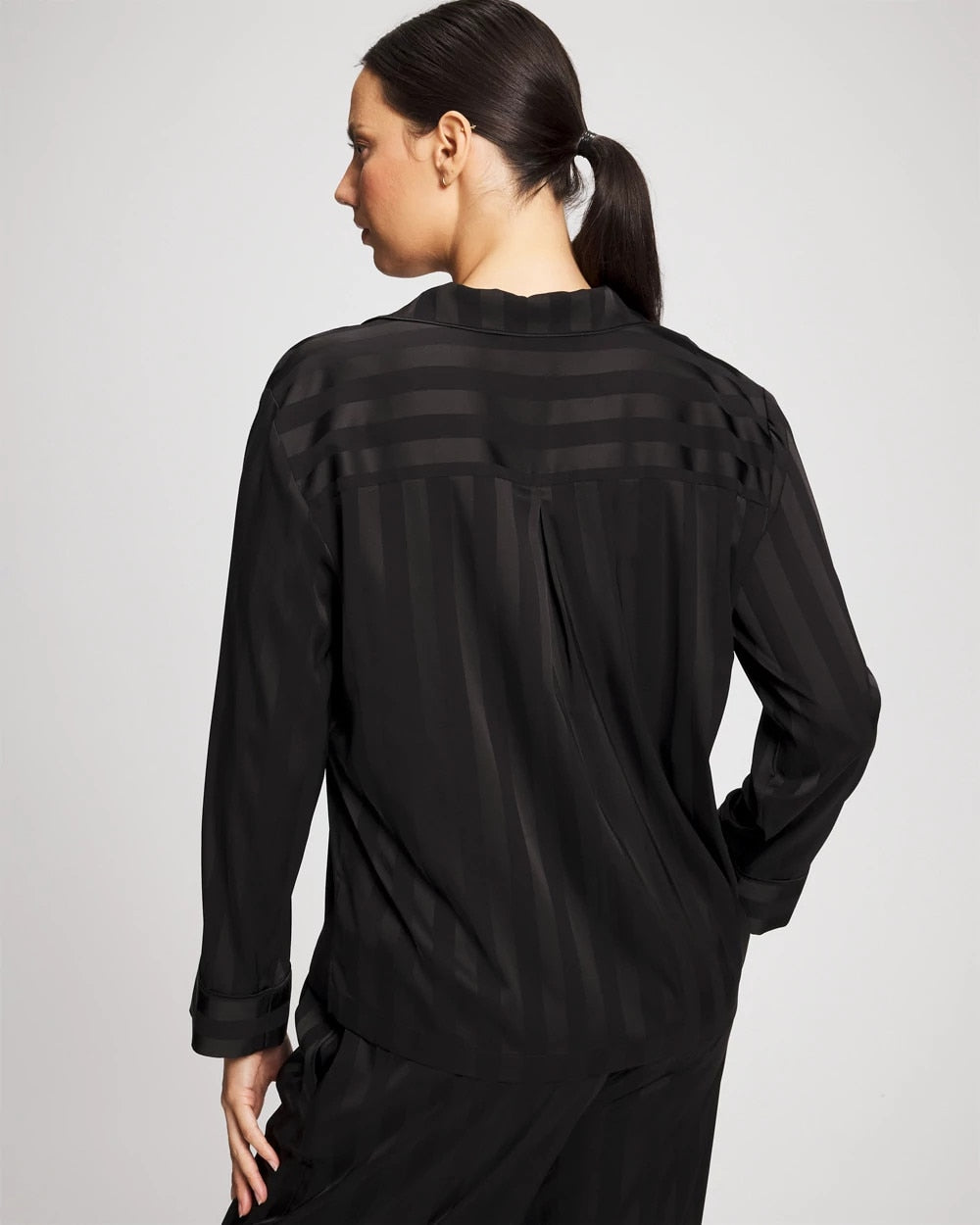 BLACK - Shadow Stripe Long Sleeve Pajama Notch Collar Top | Soma