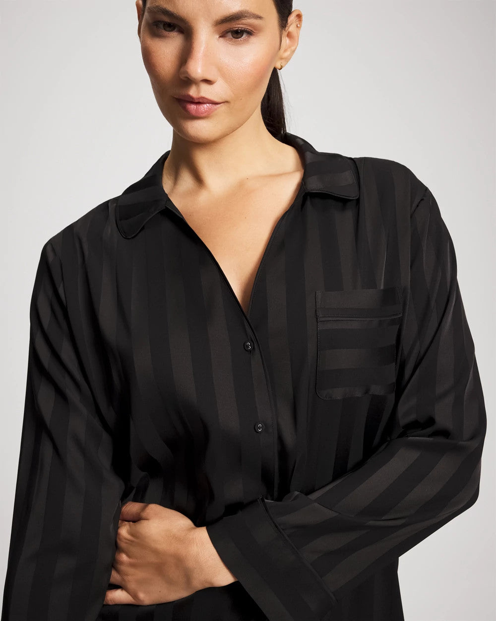 BLACK - Shadow Stripe Long Sleeve Pajama Notch Collar Top | Soma
