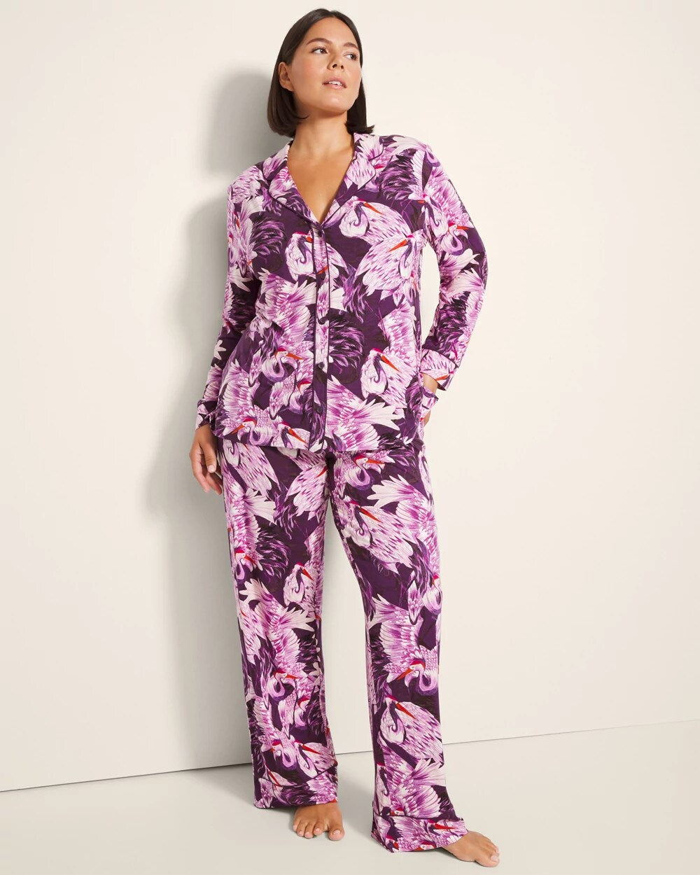 COURTING CRANES BLKBRY - Long-Sleeve Printed Notch Collar Pajama Top | Soma