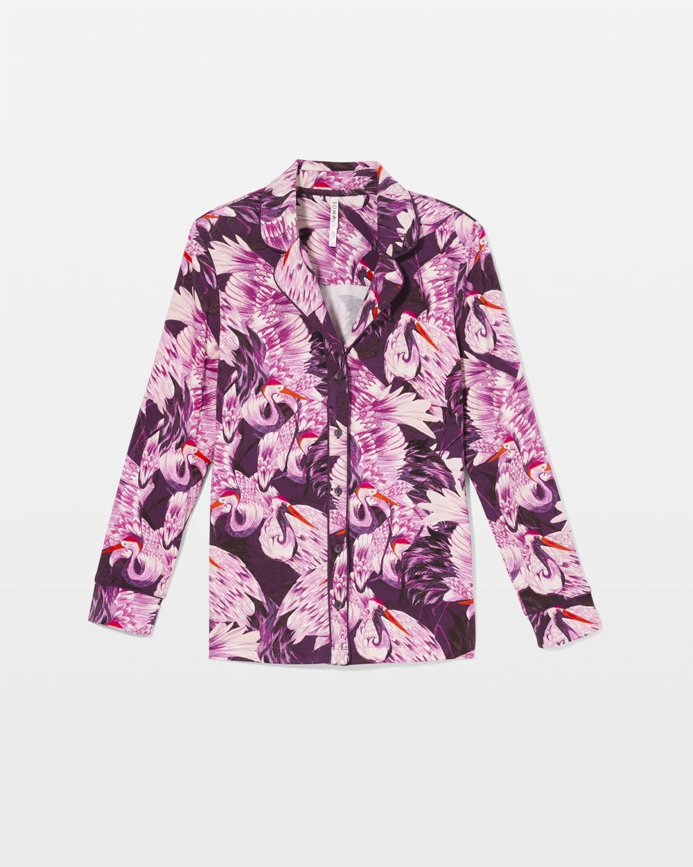 COURTING CRANES BLKBRY - Long-Sleeve Printed Notch Collar Pajama Top | Soma