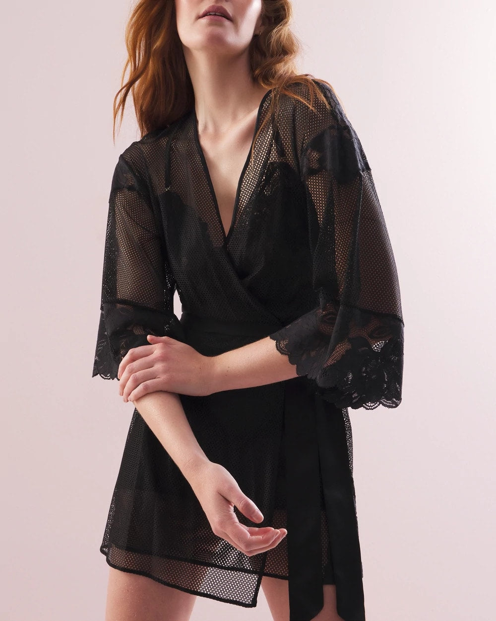BLACK - Robe with Mesh and Lace | Soma