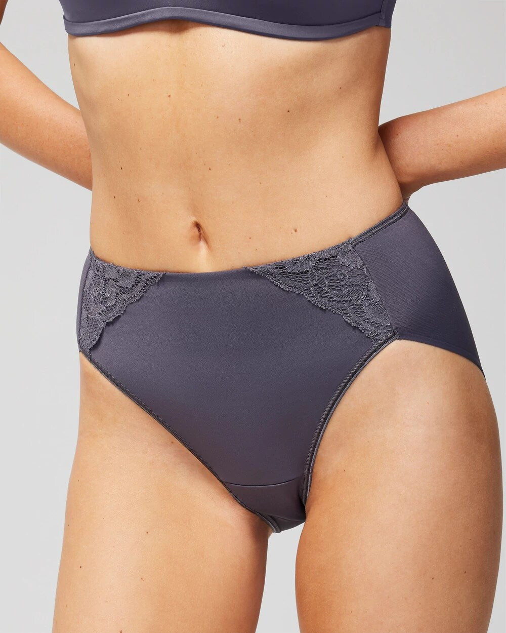 GRAY INK - Tummy High-Leg Brief Panty with Lace | Soma