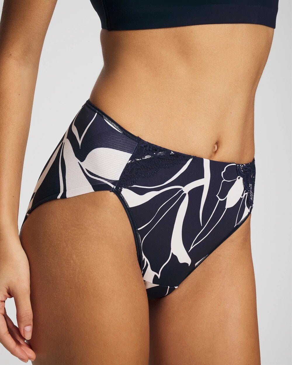 NOUVEAU FLORA MINI NAVY - Tummy High-Leg Brief Panty with Lace | Soma