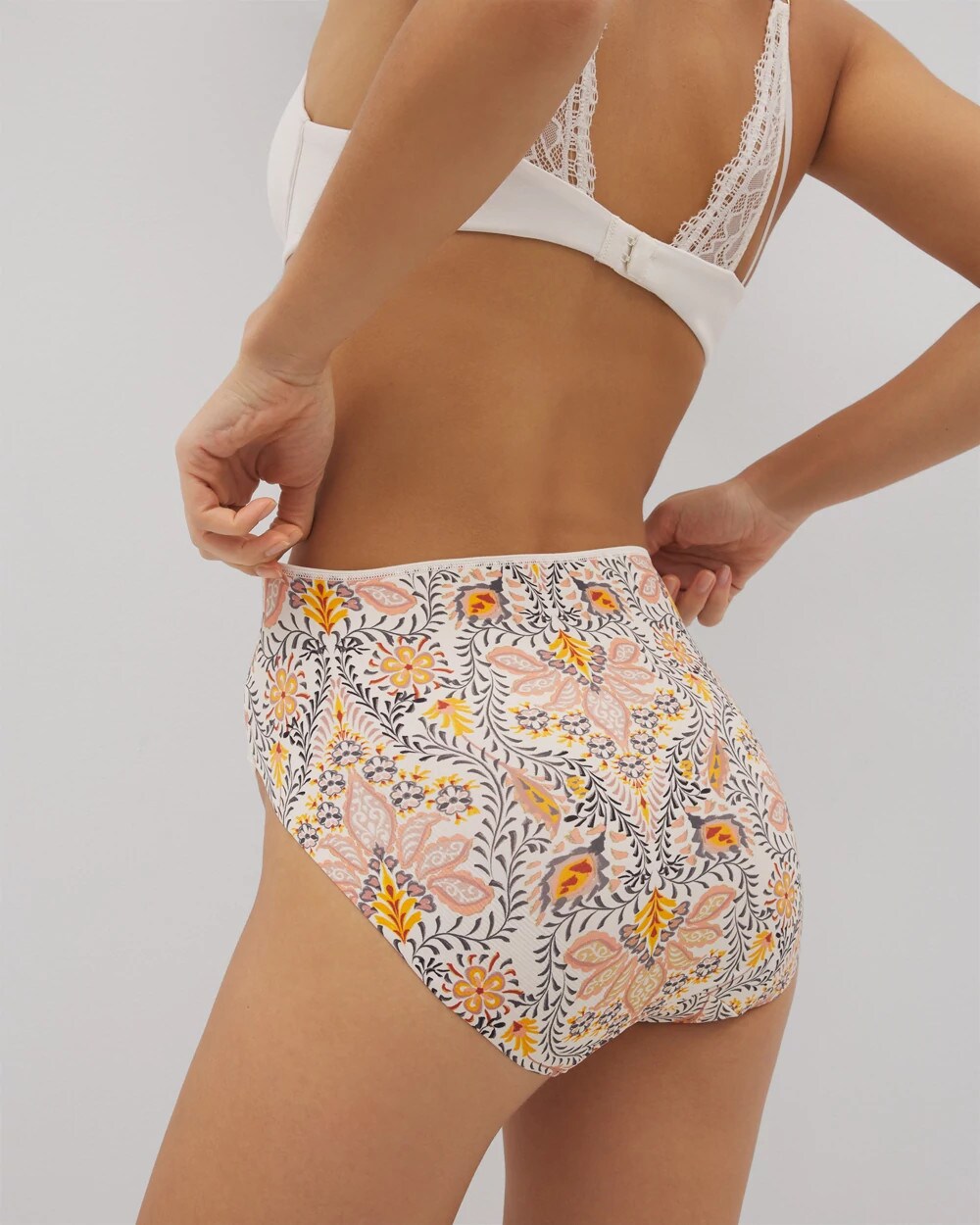VINE PAISLEY CHAMPAGNE M - Tummy High-Leg Brief Panty with Lace | Soma