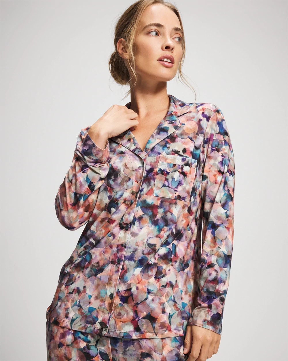 PETAL MOSAIC PETROL - Long-Sleeve Notch Collar Pajama Top | Soma