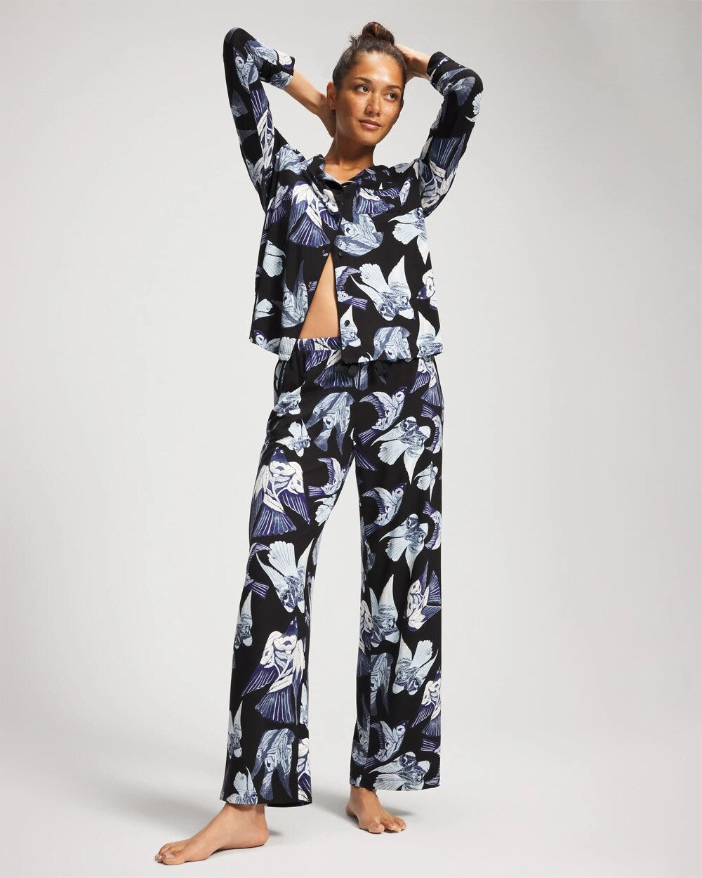 WHIMSICAL WINGS BLK MID - Satin Trim Pajama Pant | Soma