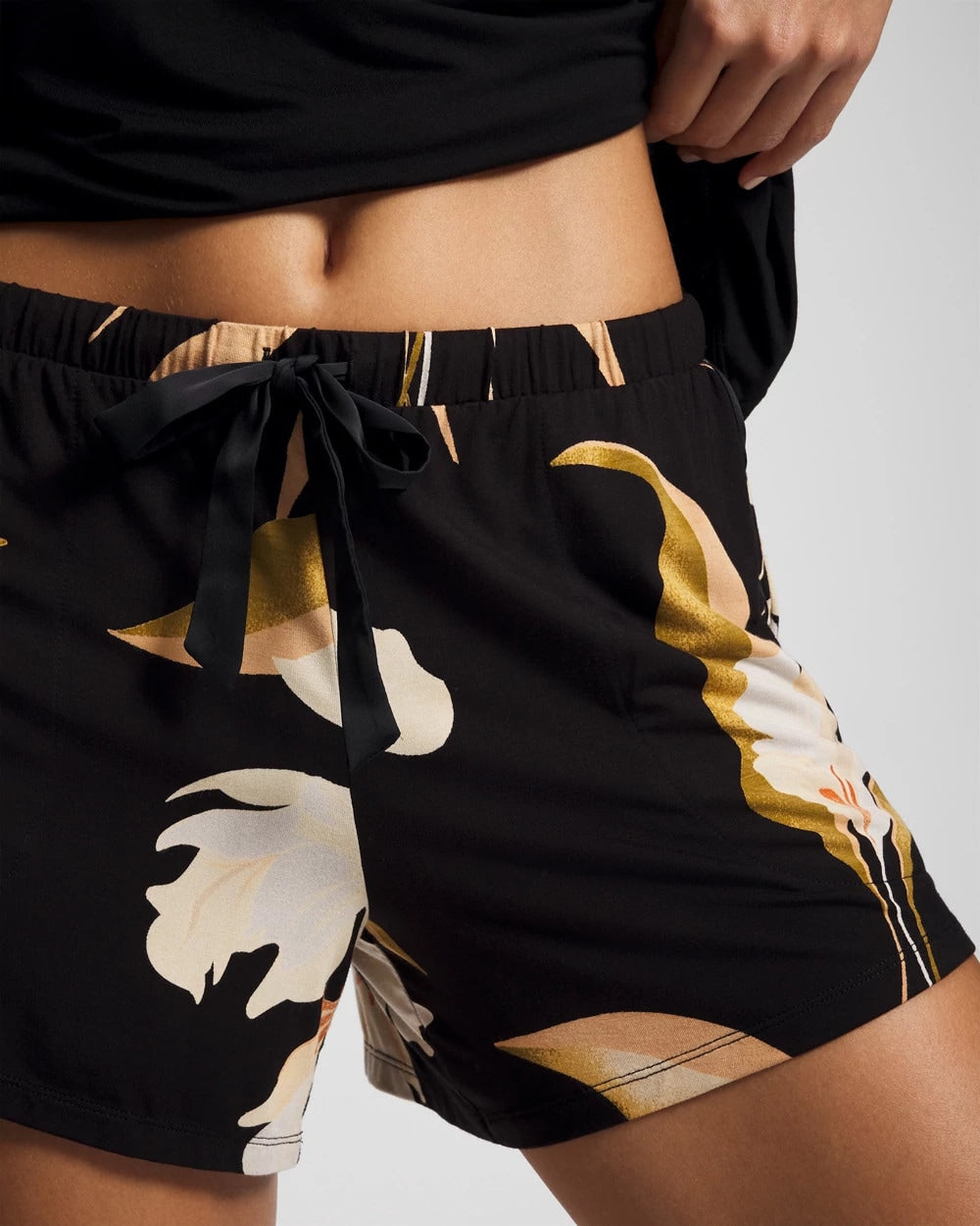 MYSTIC BLOOMS BLACK MID - Satin Trim Pajama Short | Soma
