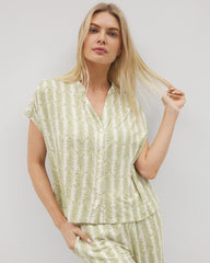 CHILL STRIPE CHAMPAGNE - Mandarin Collar Short Sleeve Pajama Top | Soma