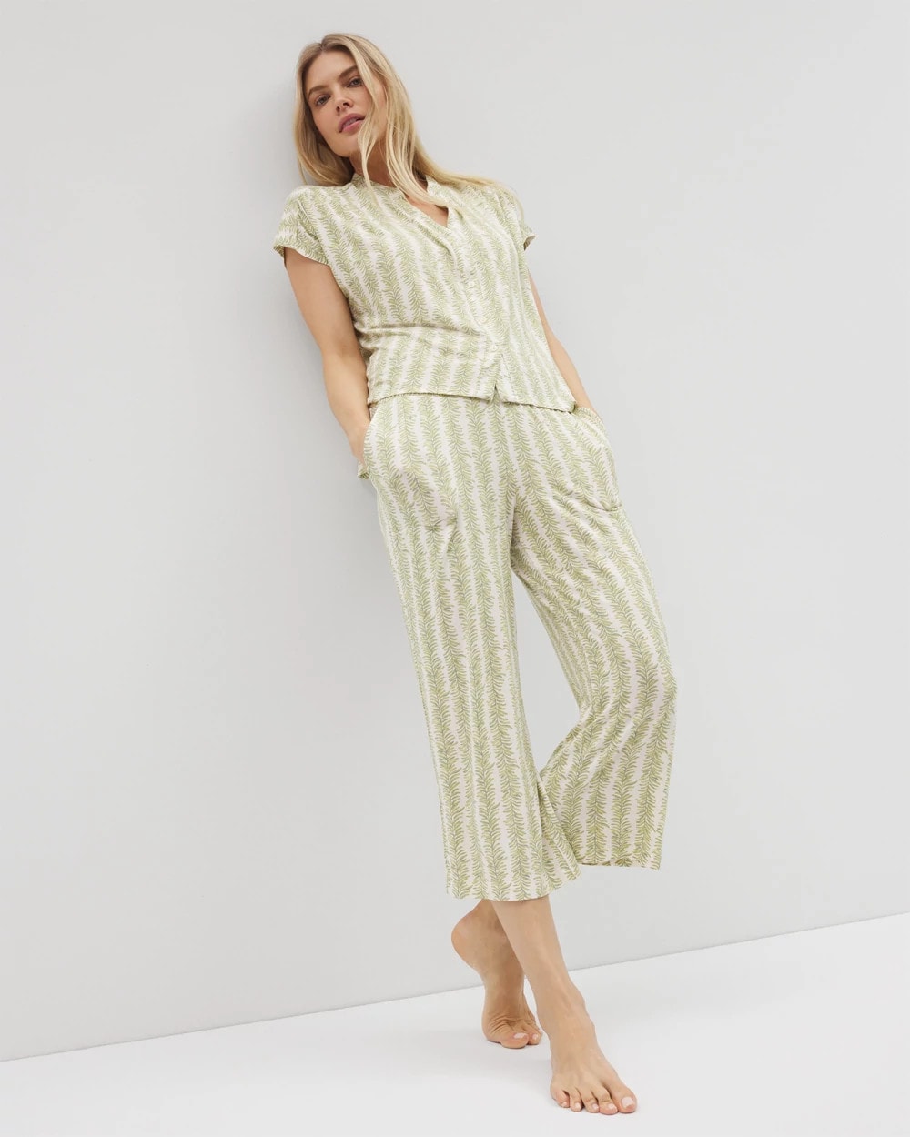CHILL STRIPE CHAMPAGNE - Mandarin Collar Short Sleeve Pajama Top | Soma
