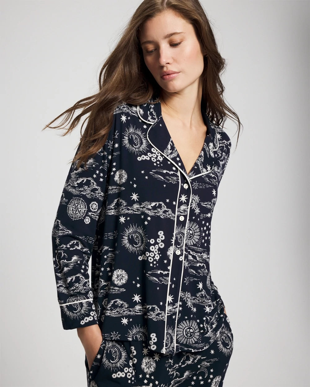 COSMIC BALLET NAVY - Cool Nights Long Sleeve Notch Collar with Piped Placket Pajama Top | Soma