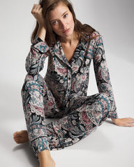 REGAL PAISLEY BLACK - Cool Nights Long Sleeve Notch Collar with Piped Placket Pajama Top | Soma